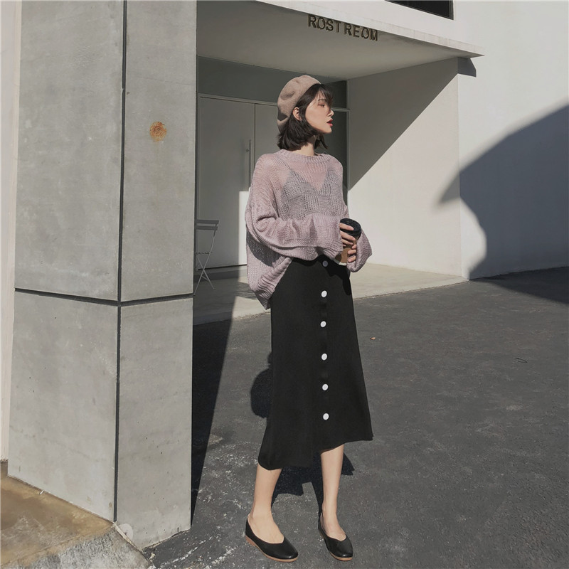 Real price real shot video Korean style single breasted knitted skirt half length casual skirt