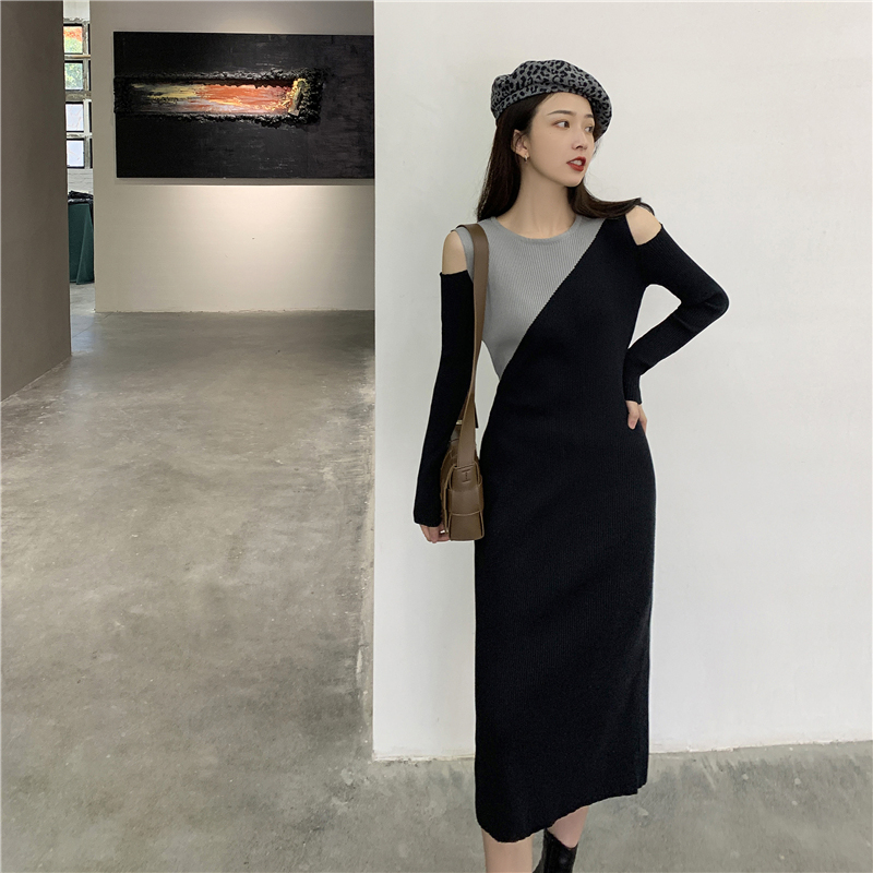 Real shot early spring new contrast round neck knitted dress slim mid length skirt