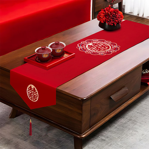 桌旗结婚茶几红桌布缎面新中式