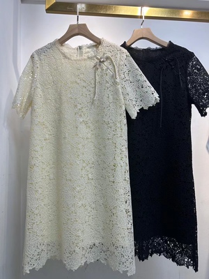 欧洲站水溶蕾丝提花盘扣连衣裙女2026夏季气质显瘦花边短袖蕾丝裙