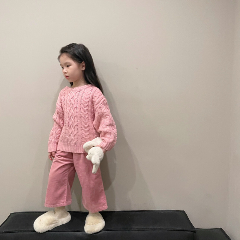 女童粉色韩版宽松针织毛衣22秋冬新款女孩麻花毛衣+灯芯绒阔腿裤
