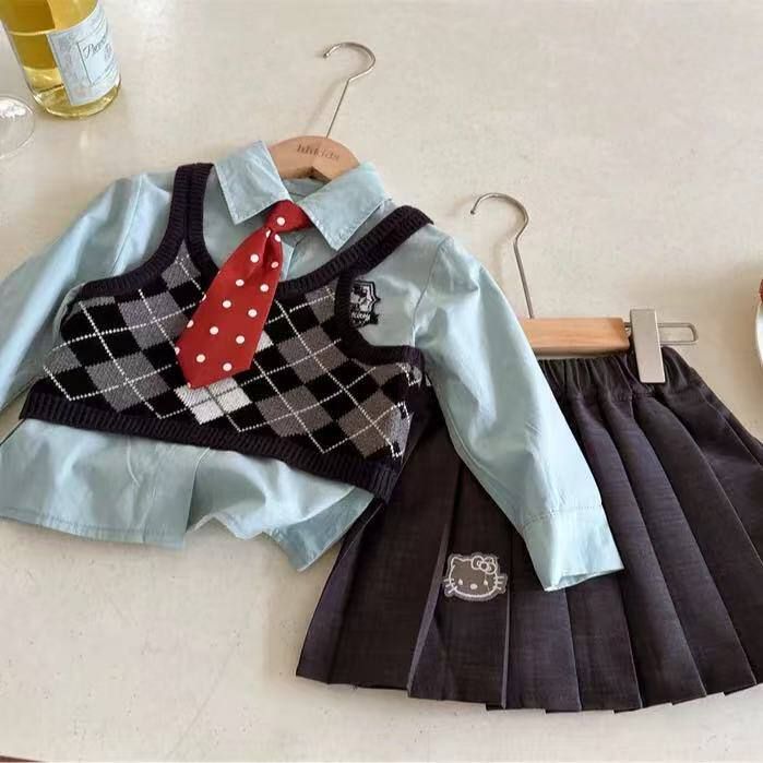 女童菱格马甲学院四件套宝宝衬衫领带百褶短裙卡通刺绣套装18009