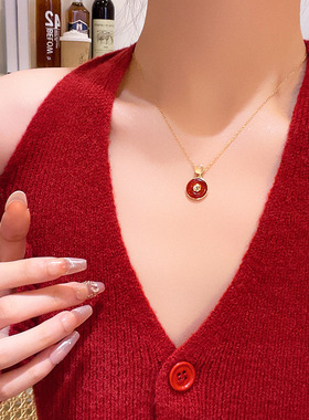 新中式复古安可拉红平安扣项链女轻奢小众高级感钛钢锁骨链颈链