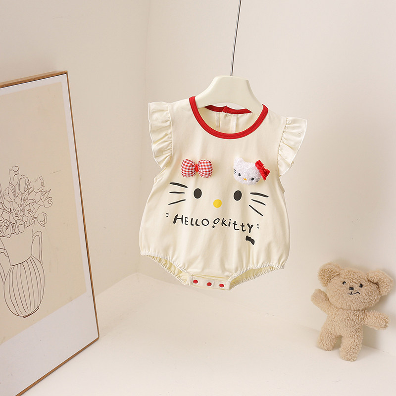 夏季新款可爱风婴儿小奶猫飞袖包屁衣短袖宝宝爬服