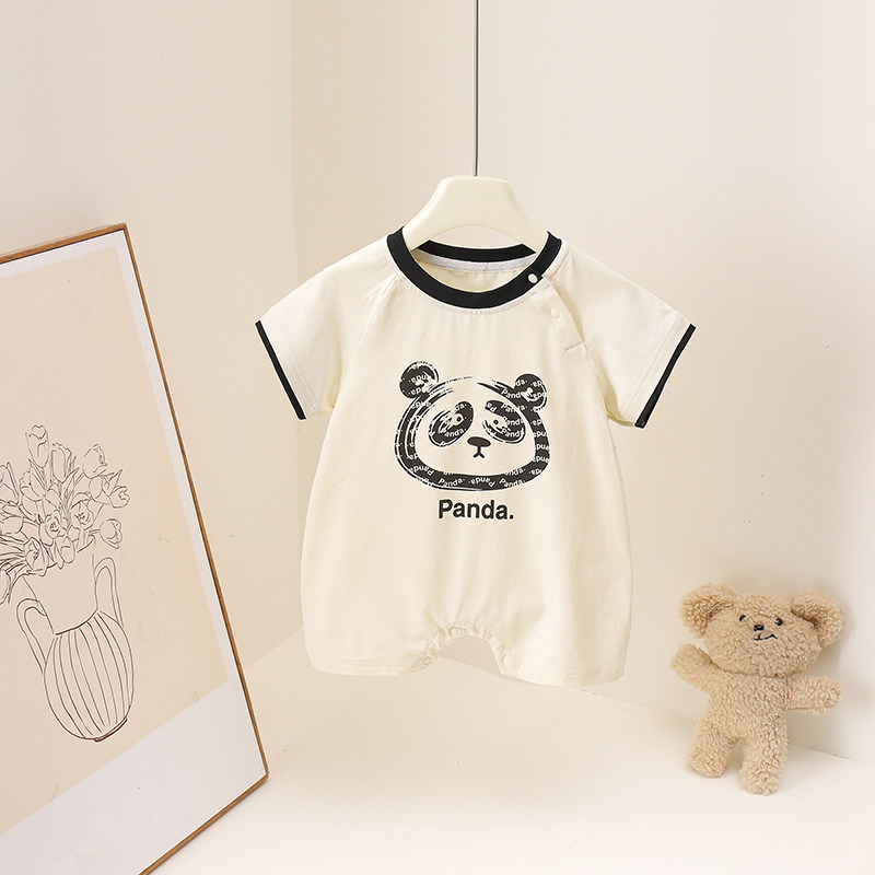 夏季新款婴幼儿可爱风男宝熊猫半袖短哈衣卡通连体外出爬服