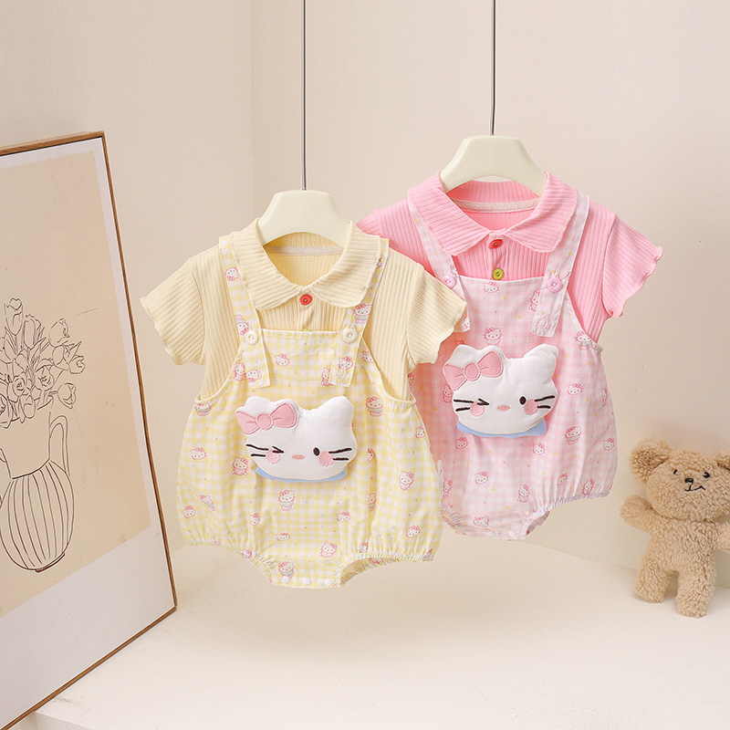 夏季新款可爱风婴儿卡通kitty甜心包屁套装宝宝外出服