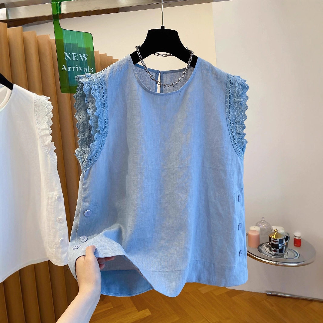 欧货蕾丝拼接亚麻无袖上衣女夏季蕾丝衫/雪纺衫