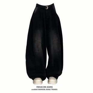 高街宽松百搭休闲弯刀裤 女春秋款 复古水洗裁片结构阔腿牛仔裤 美式