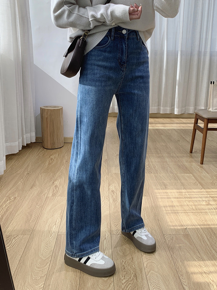2025 New Autumn/Winter Fleece Lined Four-way Stretch High Waist Slim Fit Narrow Straight Extra Long Jeans for Petite Women