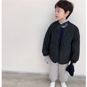 童童妈定制男女童日系简约菱格棉服外套宝宝上衣黑色纯色棉衣冬装