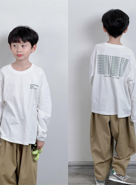 童妈定制男女儿童韩版宽松纯棉白色前后绿色happiness长袖T恤秋装