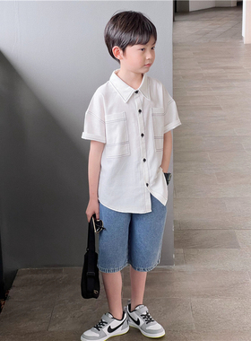 童童妈定制男童日系宽松白色明线短袖衬衣小学生纯棉软糯衬衫夏装