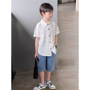 童童妈定制男童日系宽松白色明线短袖衬衣小学生纯棉软糯衬衫夏装