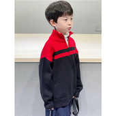 秋冬装 针织衫 宽松红黑撞色半拉链立领毛衣长袖 童妈定制男女童韩版