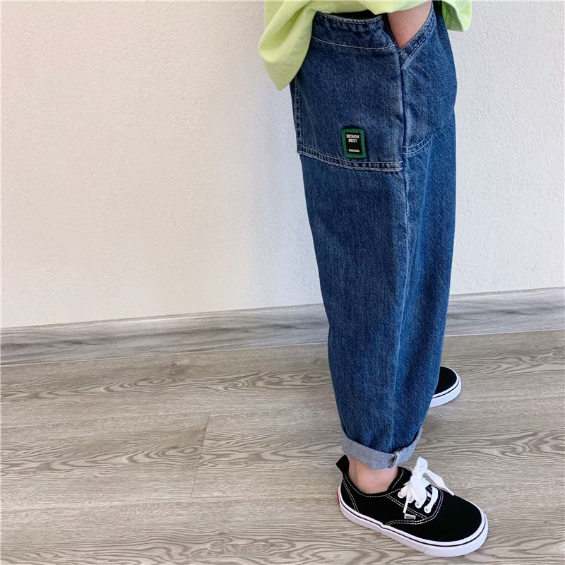 童妈定制男女童日系复古蓝大口袋牛仔裤儿童韩版宽松裤子宝宝秋装