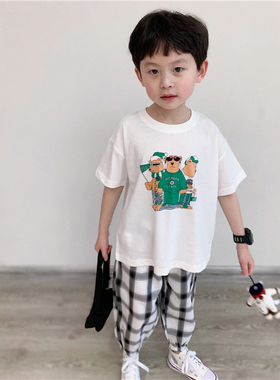 童童妈定制男女童韩版宽松纯棉绿色小熊短袖宝宝透气上衣T恤夏装