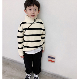童妈定制男女童韩版宽松米色条纹半高领毛衣儿童针织衫上衣秋冬装