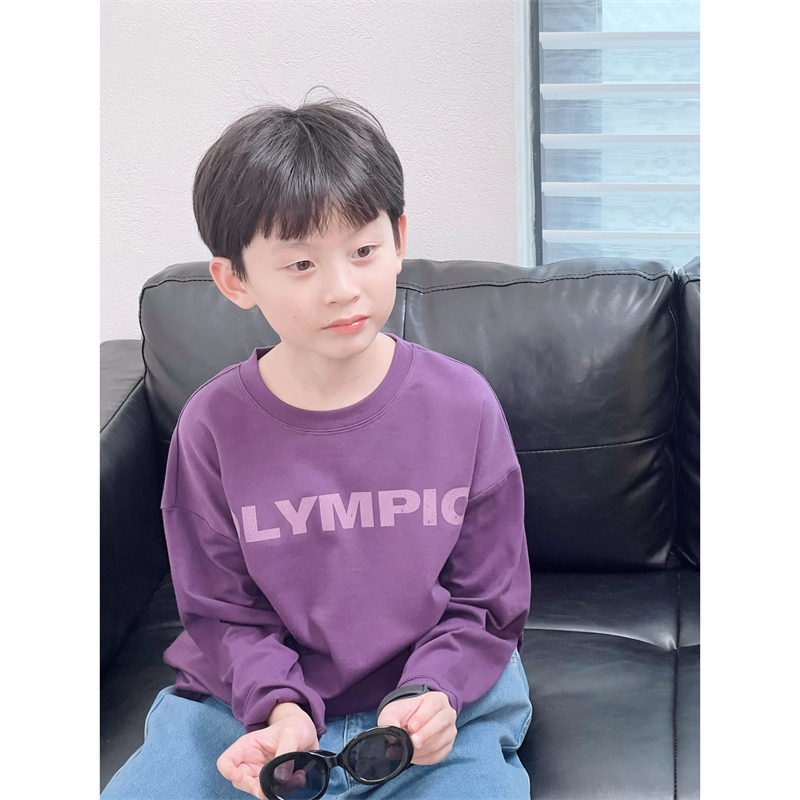 童童妈定制男女童粉紫色纯棉韩版宽松字母简约舒适长袖T恤春秋装