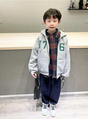 童妈定制男女童韩版宽松灰色羊羔一体绒连帽H769外套加绒卫衣冬装
