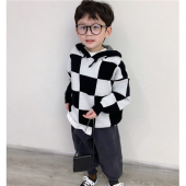 宝宝秋冬装 童童妈定制男童韩版 宽松洋气连帽棋盘格毛衣儿童针织衫