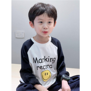 童童妈定制男童韩版宽松纯棉笑脸插肩T恤儿童圆领白色长袖春秋装