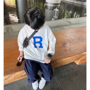 童妈定制男童韩版宽松纯棉圆领R字白色T恤儿童长袖宝宝上衣春秋装