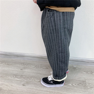 子冬装 童童妈定制男女童休闲宽松针织棉加绒条纹萝卜裤 儿童老爹裤