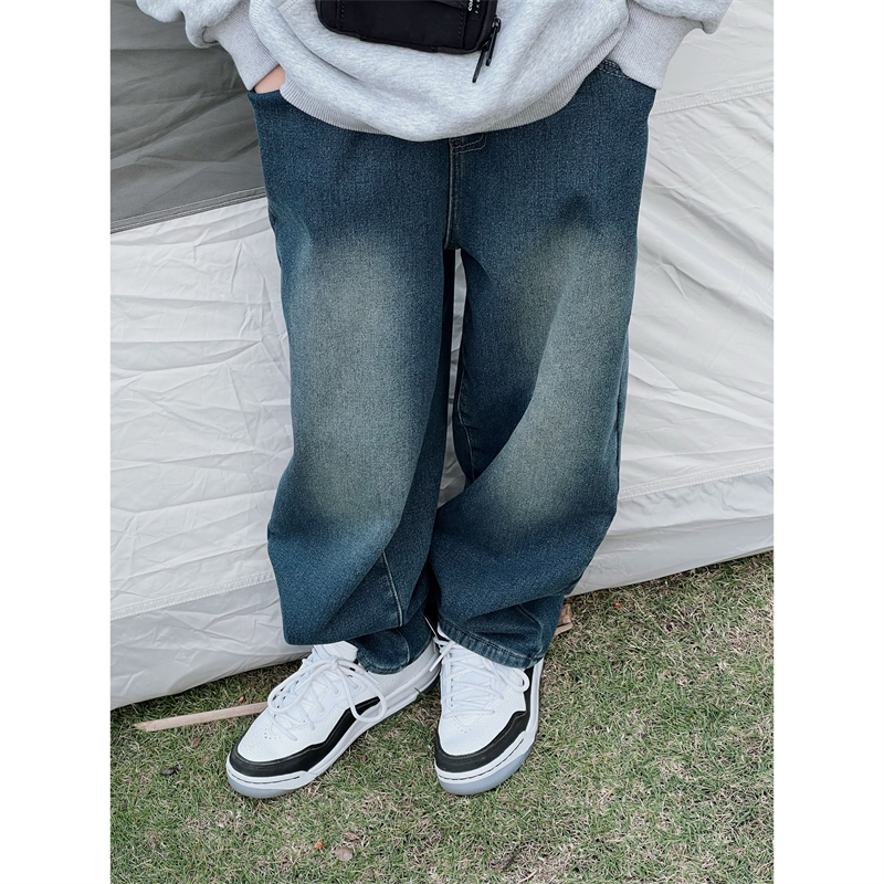 童童妈定制中大男儿童日系宽松磨白一体加绒加厚保暖牛仔长裤冬装