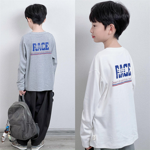 童妈定制男童韩版宽松白灰色双面纯棉后幅rac蓝色印花长袖T恤秋装