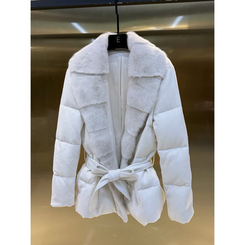 冬上新冬季新款欧货女水貂毛羊毛绒翻领系带中长款鹅绒羽绒服XM35