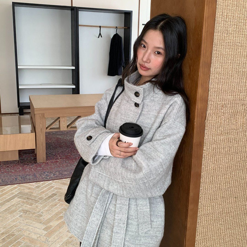 静茹冬上新简约高级感立领宽松中长款大衣(配腰带)N254L155