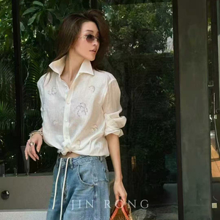 静茹26年春款 w752 设计感重磅钉珠刺绣显瘦亚麻衬衫