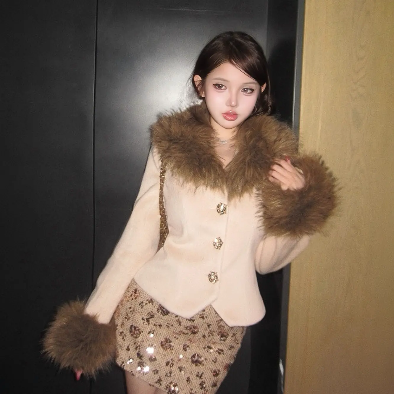 静茹早感收腰外套保暖毛呢外套+亮片半裙两件套套装HH1008