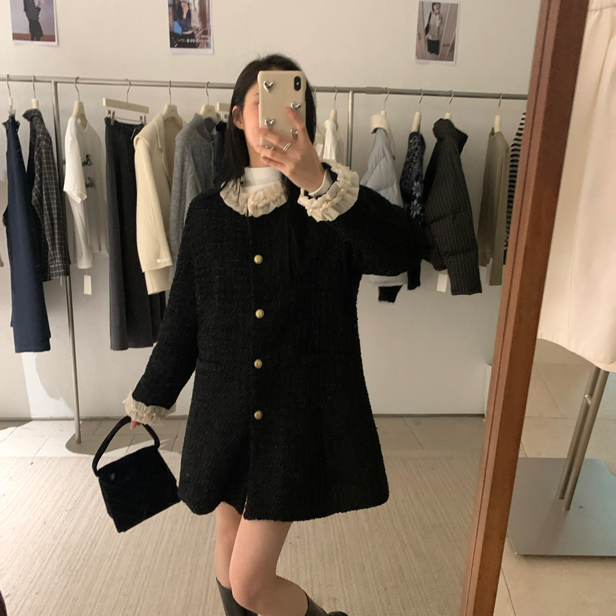 静茹奢千金韩标Camellia｜小香风充绒加厚长款外套连衣裙C2183