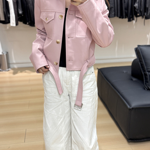 配腰带 腰带夹克皮衣 JU10061 粉色进口羊皮修身 静茹26年春款