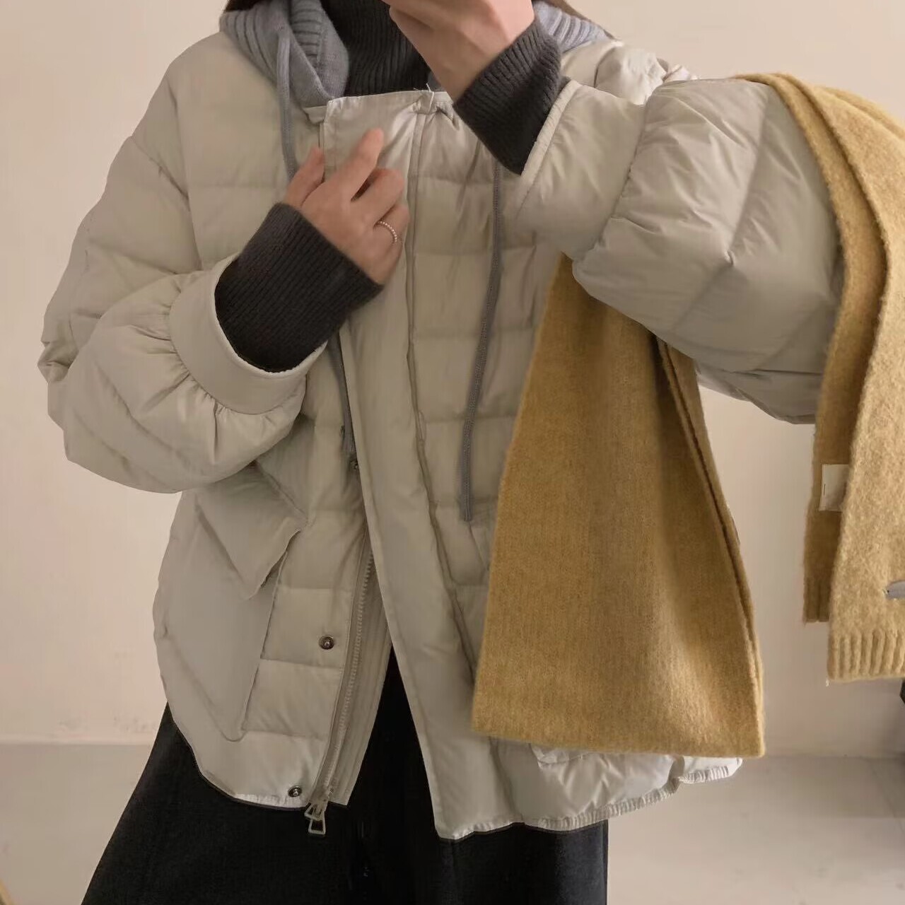 静茹针织连帽排骨款白鸭绒保暖羽绒服外套(配针织帽可脱卸)CX106