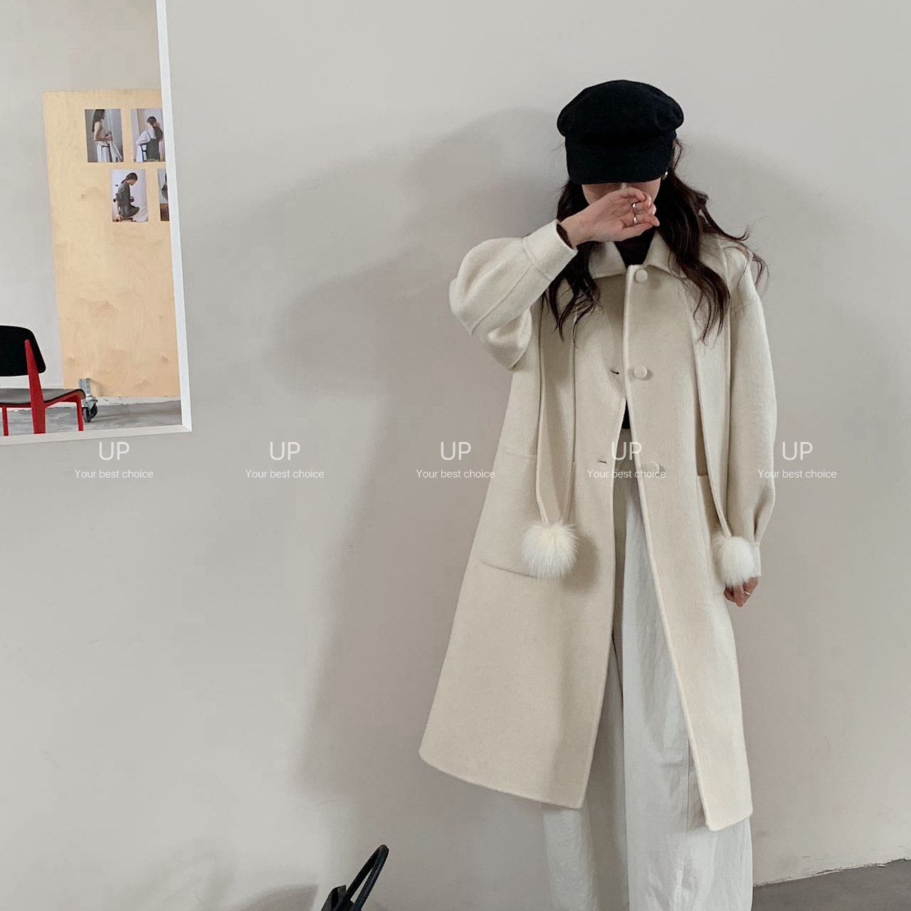 静0全毛韩系甜美风简约气质款羊毛外套(配帽子)（含100羊毛）972