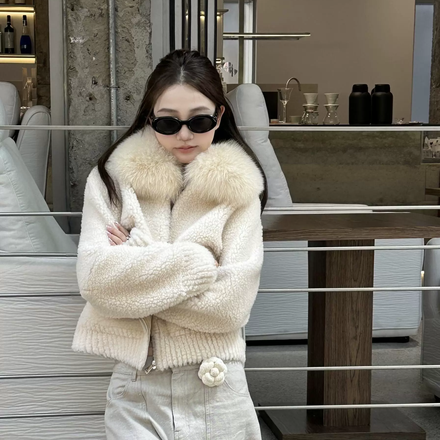 静茹女冬季毛领仿皮毛一体环保皮草加厚毛绒短外套WP11202