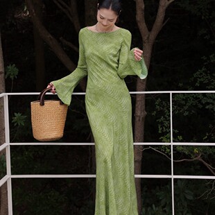 YS11 含100真丝 G307 连衣裙 静茹新真丝03双绉印花斜裁喇叭袖