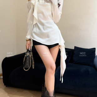 静茹26年夏款 无链条 复古系带蝴蝶结桑蚕丝小衫 605 法式