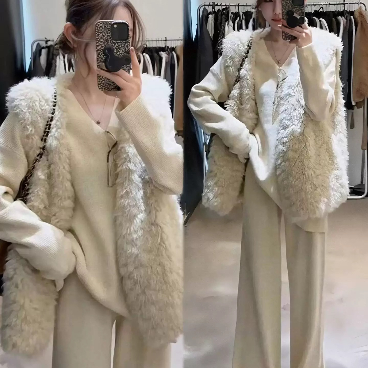 静茹马甲外套+慵懒风设计感V领宽松毛衣+垂感针织阔腿套装A67884