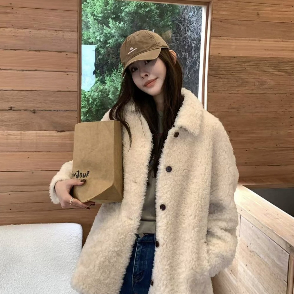 静翻领韩系慵懒百搭时尚进口羊羔毛羊毛外套(含100绵羊毛)26757