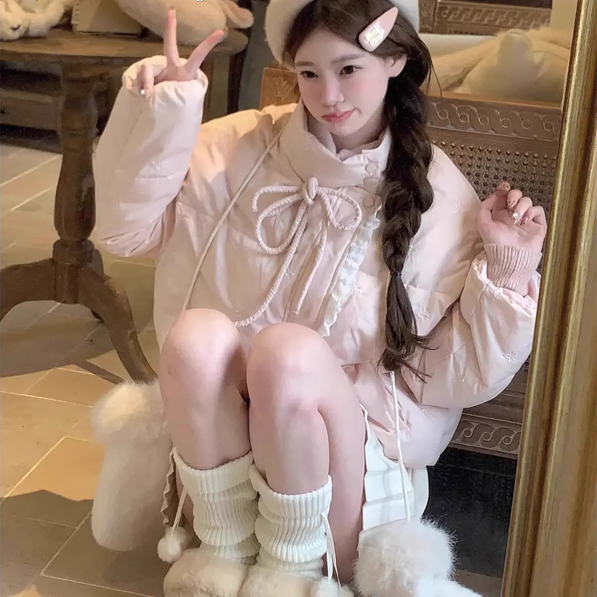 静茹龄休闲学院风蕾丝拼接软糯棉衣棉袄保暖棉服外套HH1040