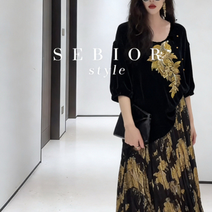 WX42 YS11 静茹26年春款 真丝丝绒重工刺绣上衣小衫