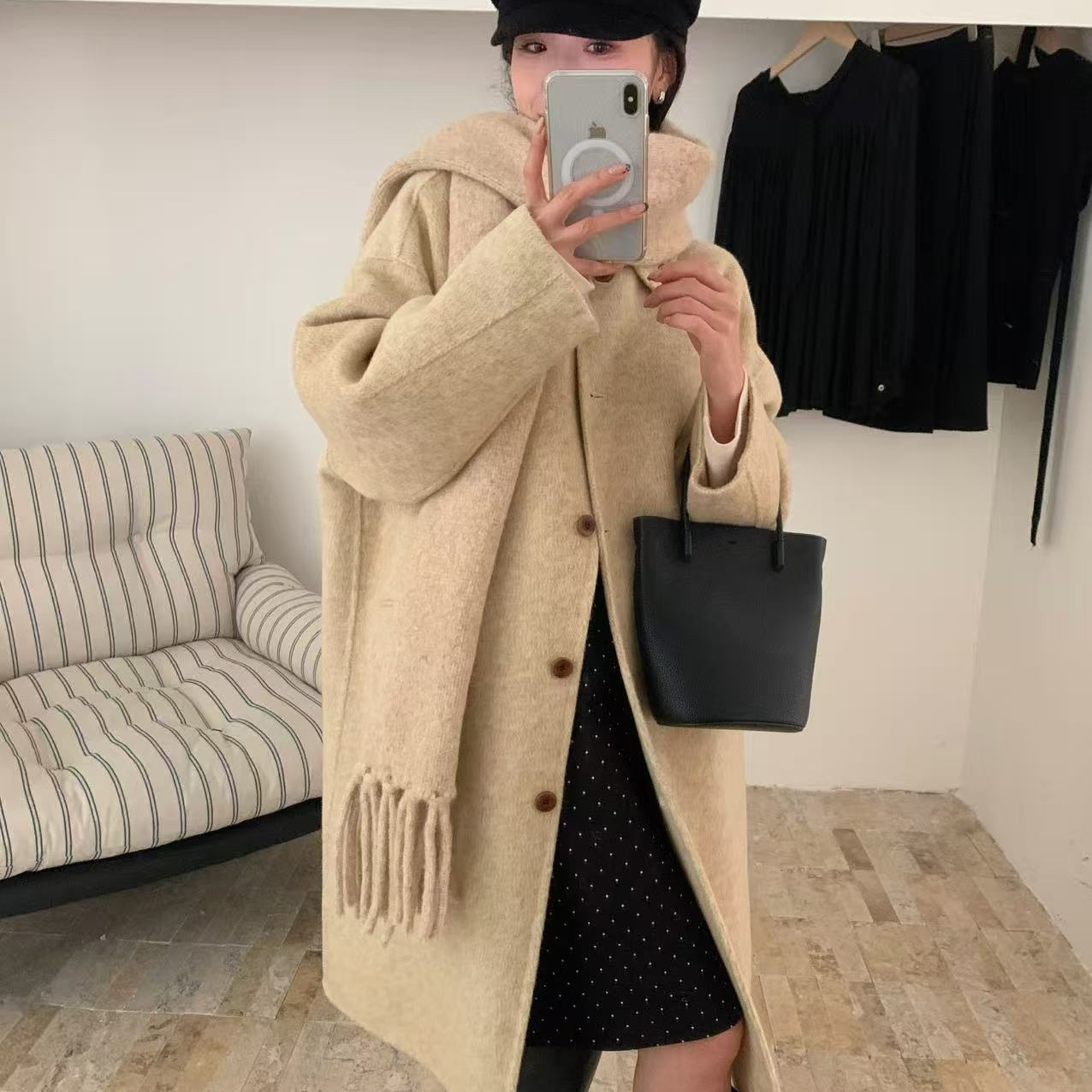 静茹质百搭翻领单排扣羊毛外套(配围巾)（含68.7绵羊毛）YS3-n28