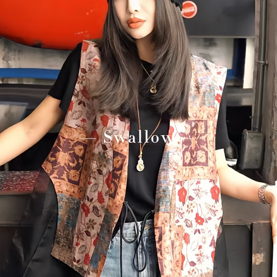 静茹夏上新新中式复古印花假两件马甲（含70真丝）ys-3648