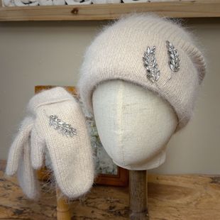 零点兰花秋冬兔毛护耳毛线针织帽手套套装 刺绣水钻百搭加绒防风帽