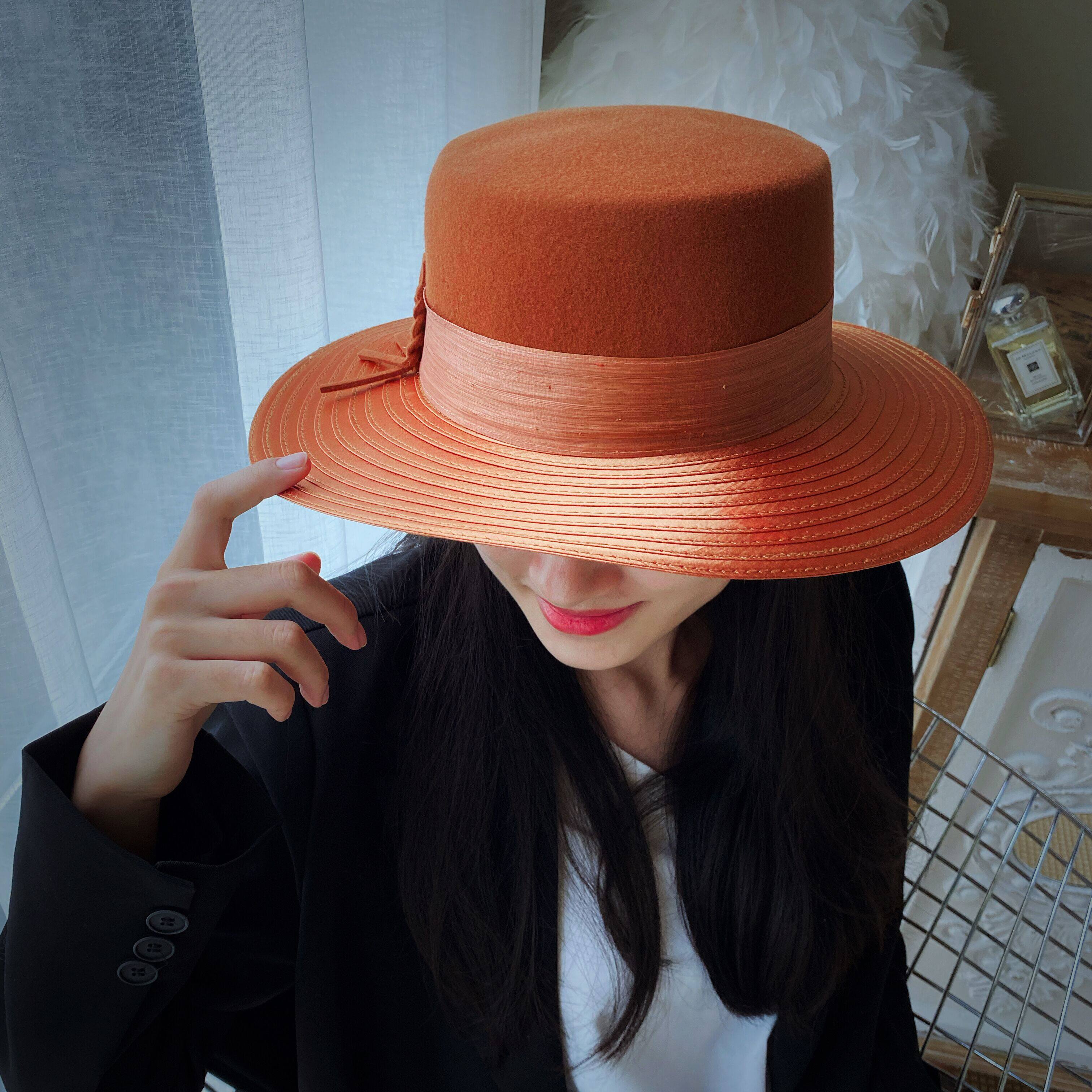 秋冬季大檐平顶毛呢帽子女英伦风时尚复古优雅逛街百搭平檐礼帽