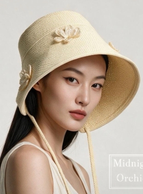 零点兰花春夏田园花朵萝莉遮阳帽子女可折叠甜美度假遮阳防风草帽