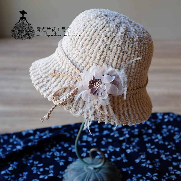 韩版圆顶渔夫盆帽保暖绒线针织帽蝴蝶结花朵小檐毛线帽子女可折叠